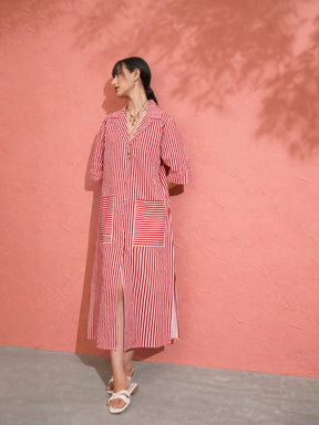 Red & White Stripe Notch Collar Midi Dress-Pink Paprika by SASSAFRAS