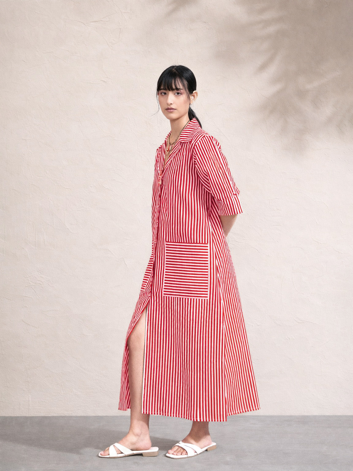 Red & White Stripe Notch Collar Midi Dress-Pink Paprika by SASSAFRAS