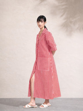 Red & White Stripe Notch Collar Midi Dress-Pink Paprika by SASSAFRAS