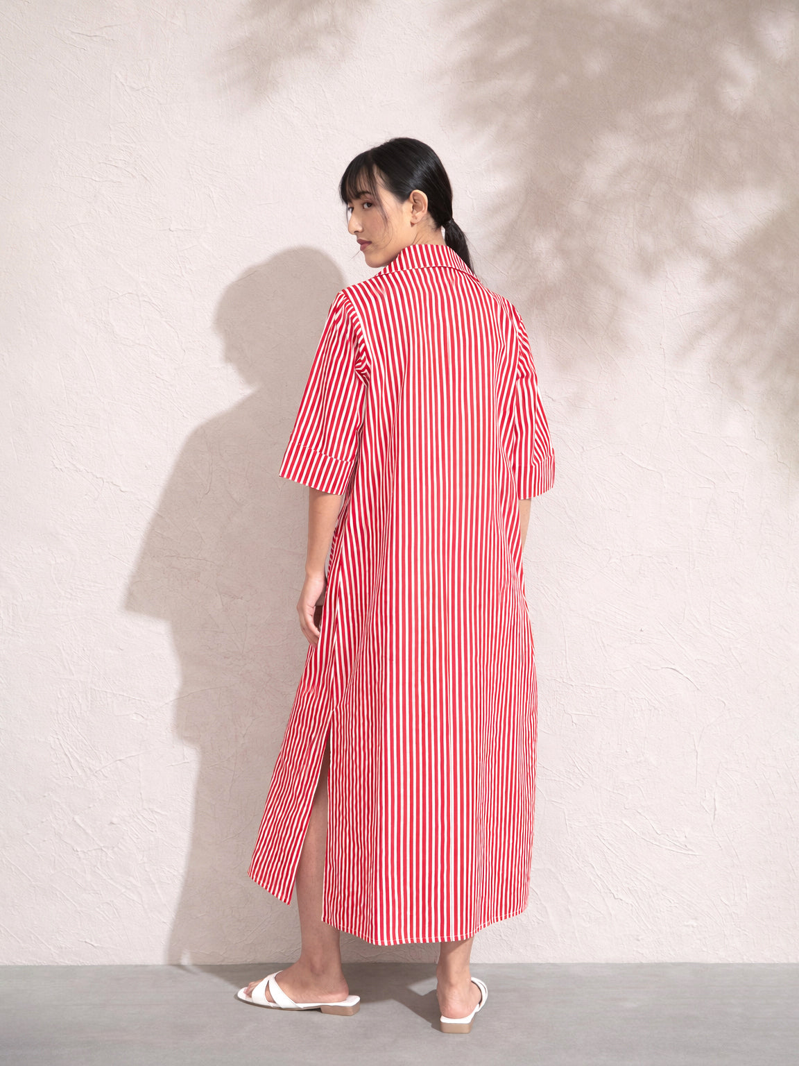 Red & White Stripe Notch Collar Midi Dress-Pink Paprika by SASSAFRAS