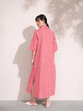 Red & White Stripe Notch Collar Midi Dress-Pink Paprika by SASSAFRAS