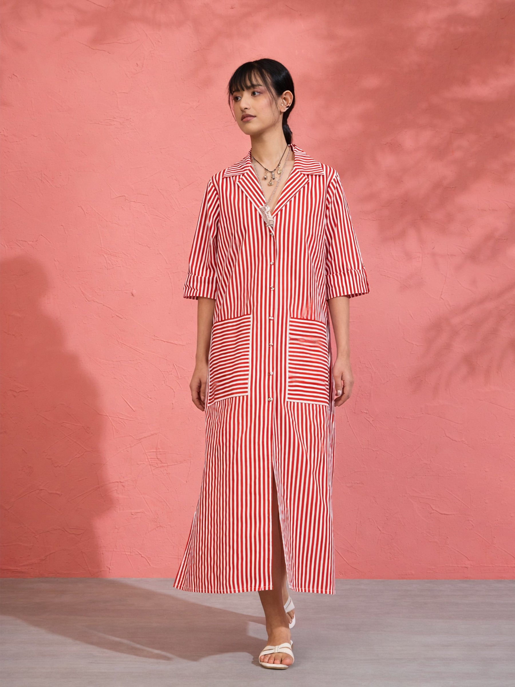 Red & White Stripe Notch Collar Midi Dress-Pink Paprika by SASSAFRAS