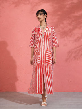 Red & White Stripe Notch Collar Midi Dress-Pink Paprika by SASSAFRAS
