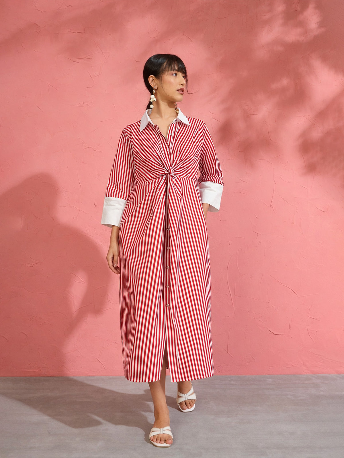 Red & White Stripe Contrast Collar Midi Dress-Pink Paprika by SASSAFRAS