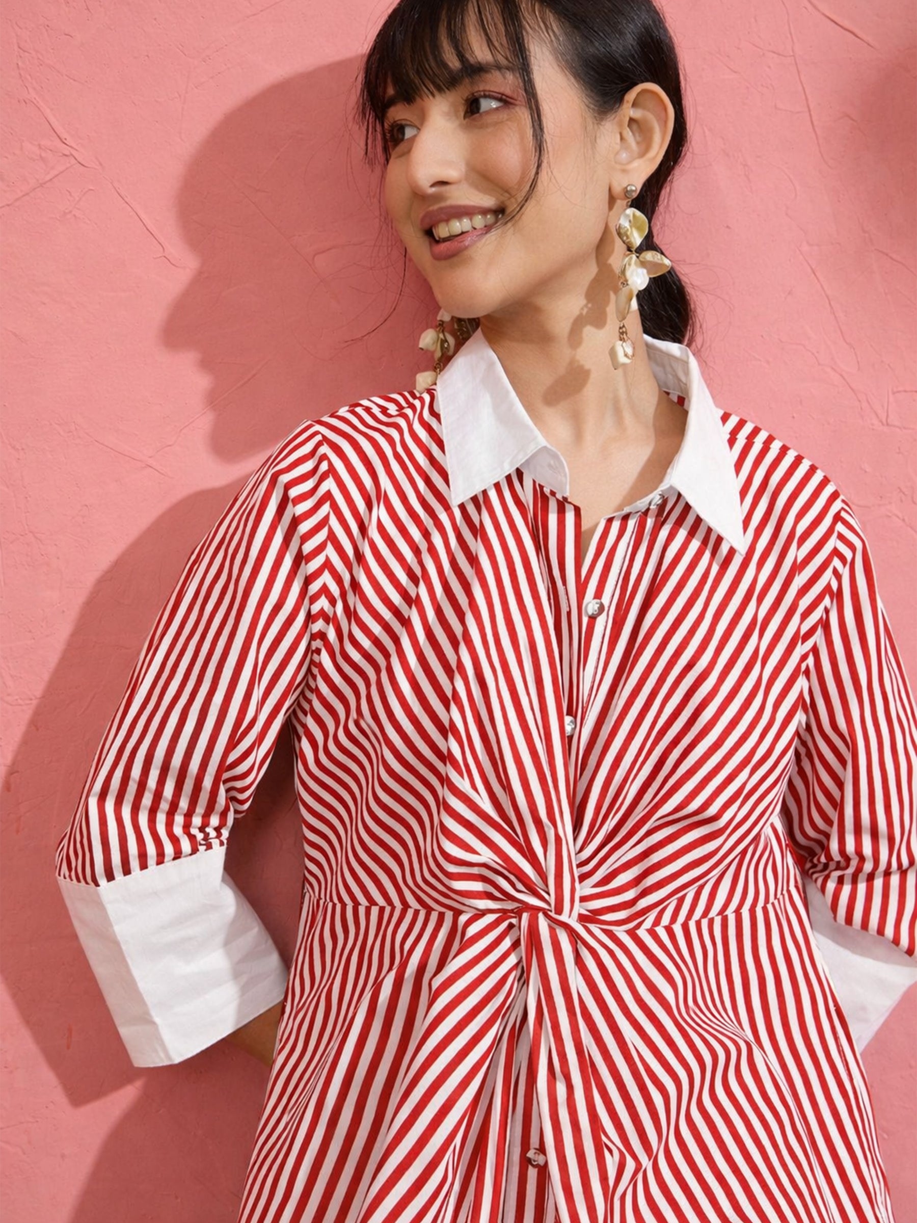 Red & White Stripe Contrast Collar Midi Dress-Pink Paprika by SASSAFRAS