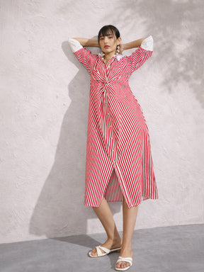 Red & White Stripe Contrast Collar Midi Dress-Pink Paprika by SASSAFRAS