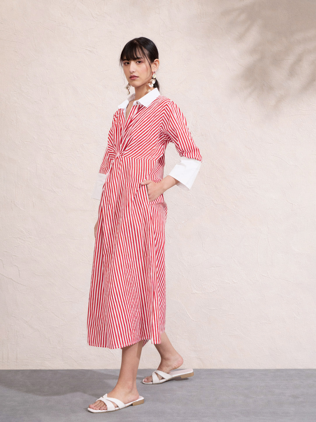 Red & White Stripe Contrast Collar Midi Dress-Pink Paprika by SASSAFRAS