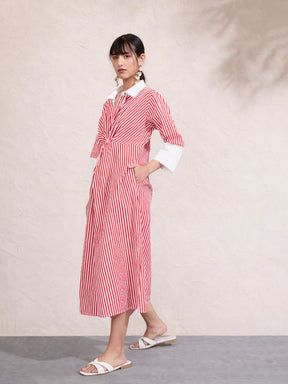 Red & White Stripe Contrast Collar Midi Dress-Pink Paprika by SASSAFRAS