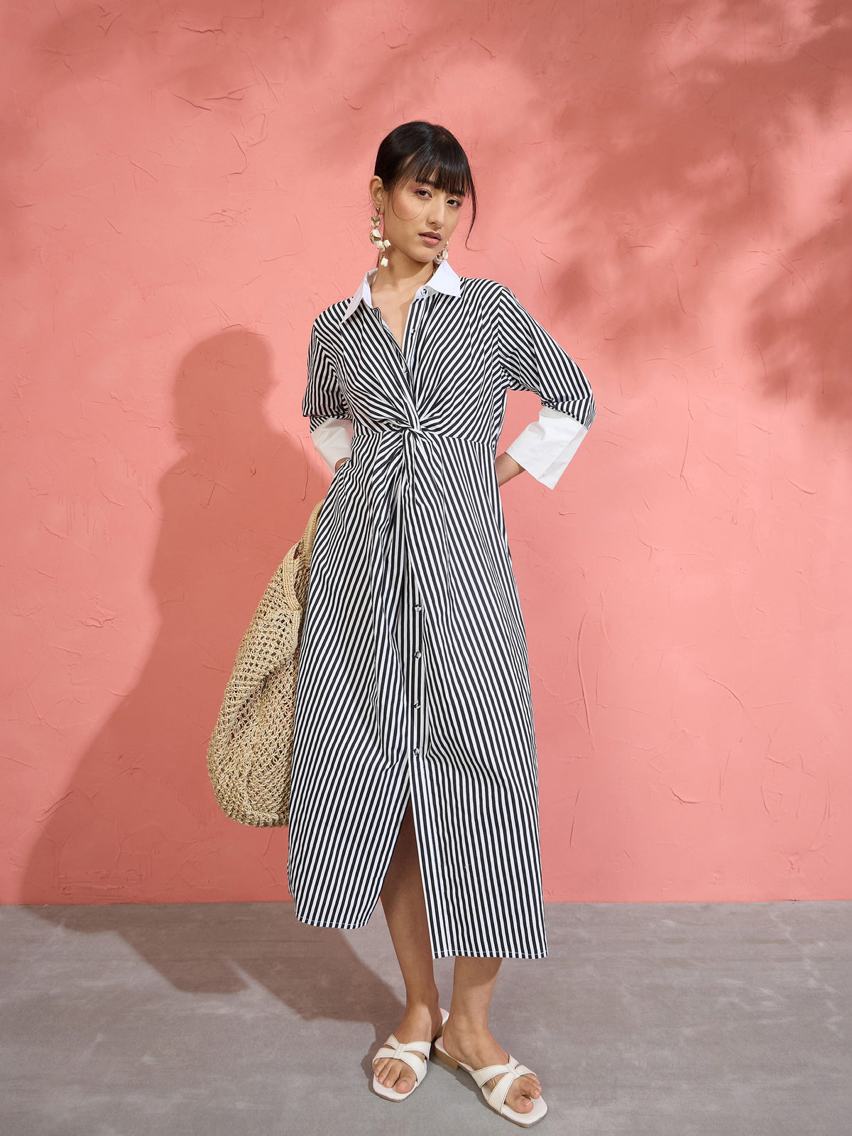 Black & White Stripe Contrast Collar Midi Dress-Pink Paprika by SASSAFRAS