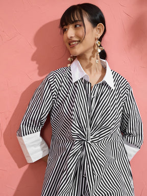 Black & White Stripe Contrast Collar Midi Dress-Pink Paprika by SASSAFRAS