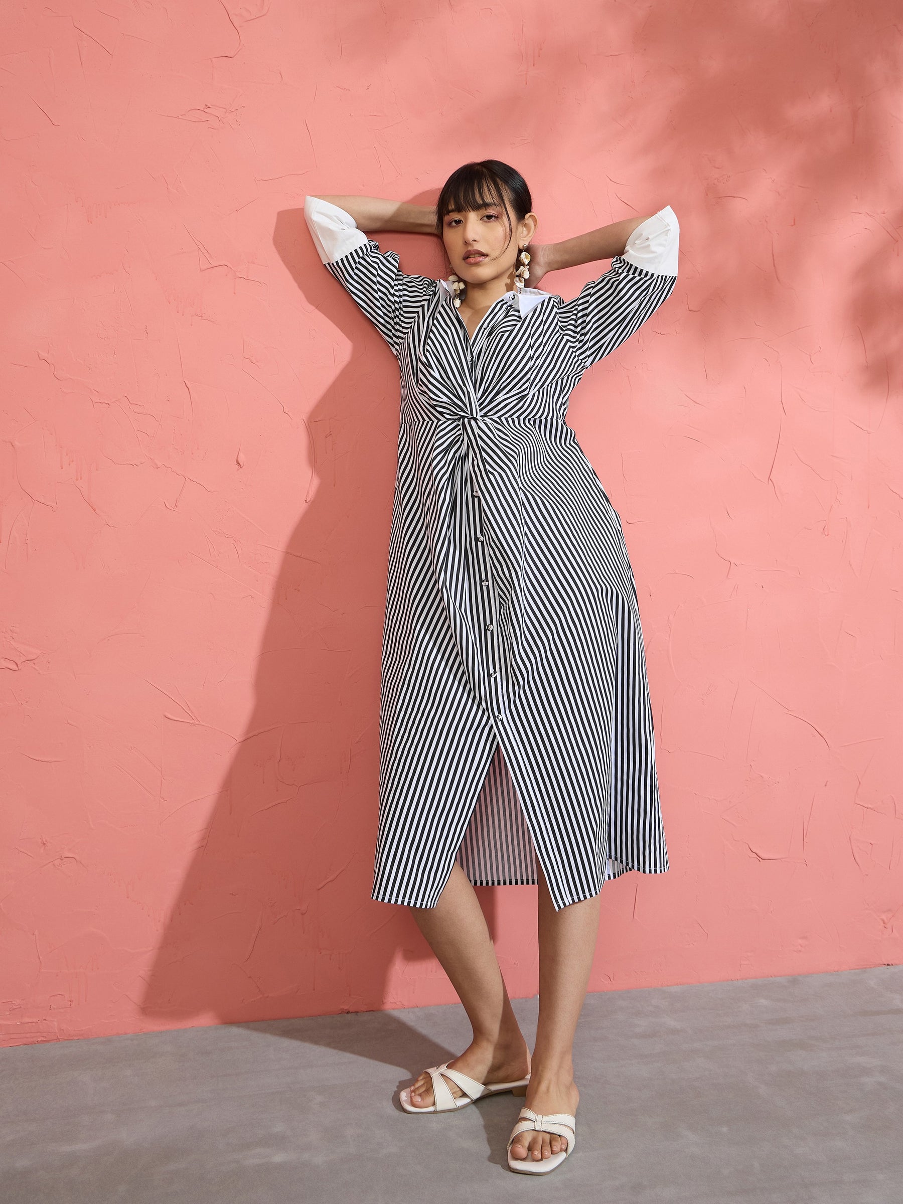 Black & White Stripe Contrast Collar Midi Dress-Pink Paprika by SASSAFRAS