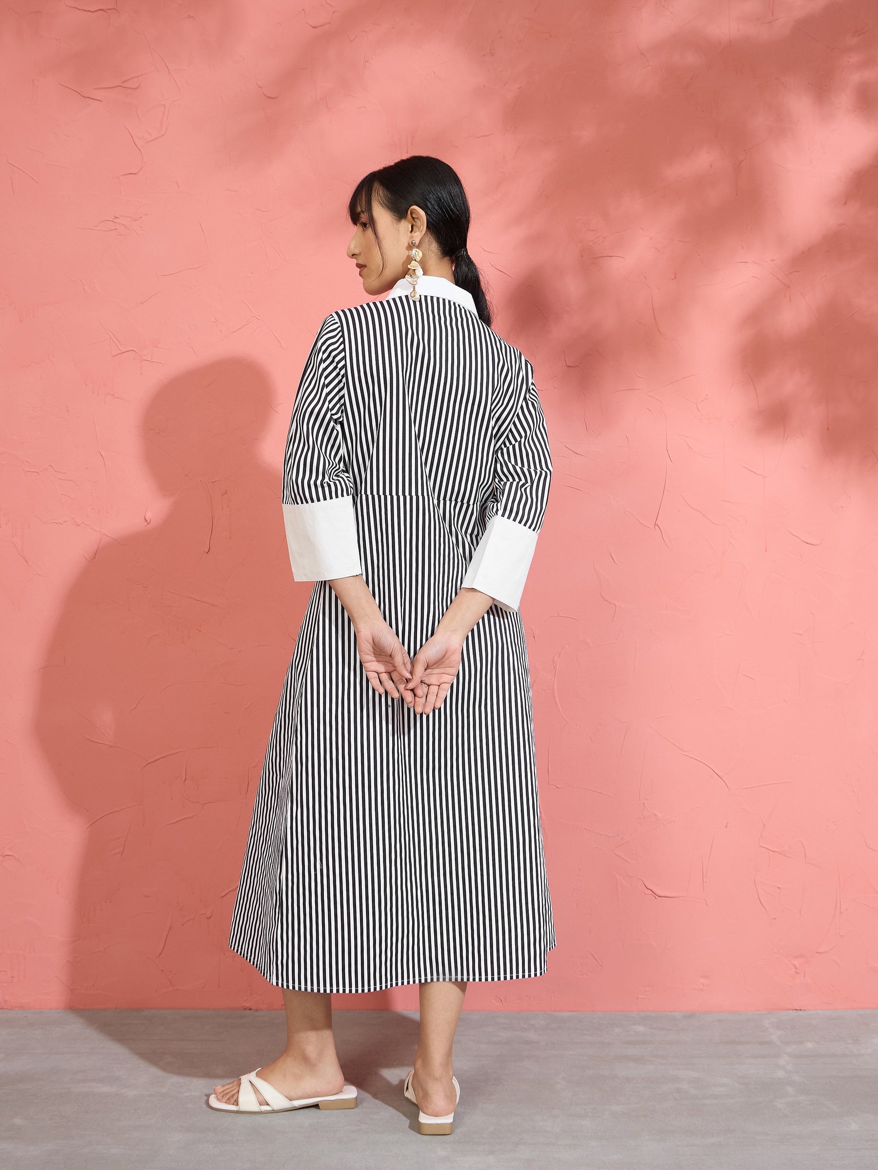 Black & White Stripe Contrast Collar Midi Dress-Pink Paprika by SASSAFRAS