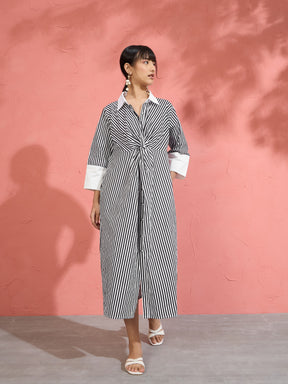 Women Black & White Stripe Contrast Collar Midi Dress