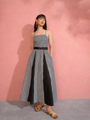 Black & White Stripe Strappy Flared Midi Dress-Pink Paprika by SASSAFRAS