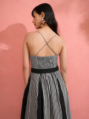 Black & White Stripe Strappy Flared Midi Dress-Pink Paprika by SASSAFRAS