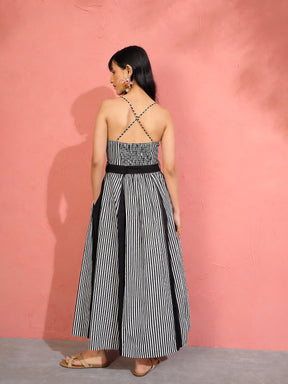 Black & White Stripe Strappy Flared Midi Dress-Pink Paprika by SASSAFRAS