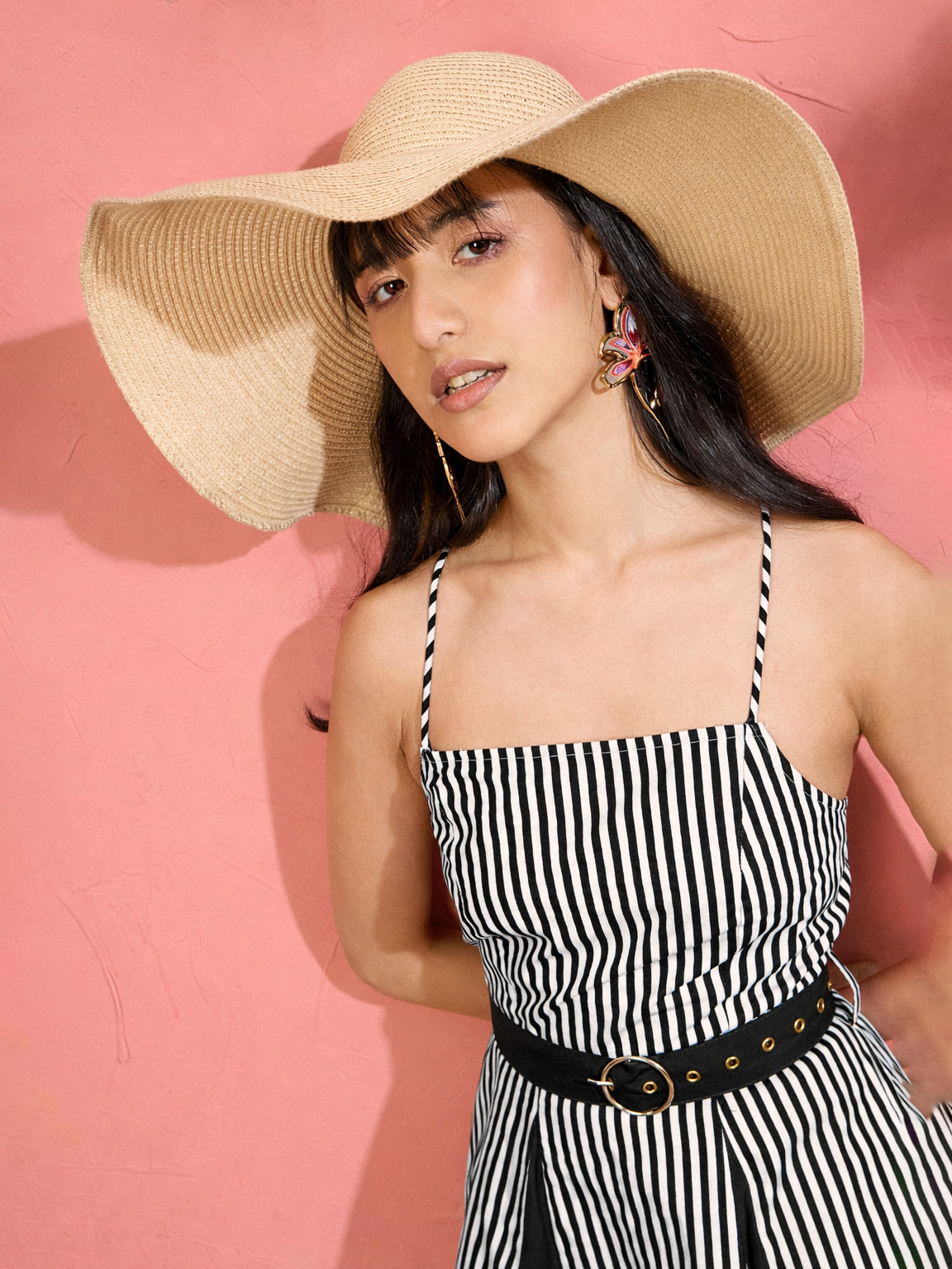 Black & White Stripe Strappy Flared Midi Dress-Pink Paprika by SASSAFRAS