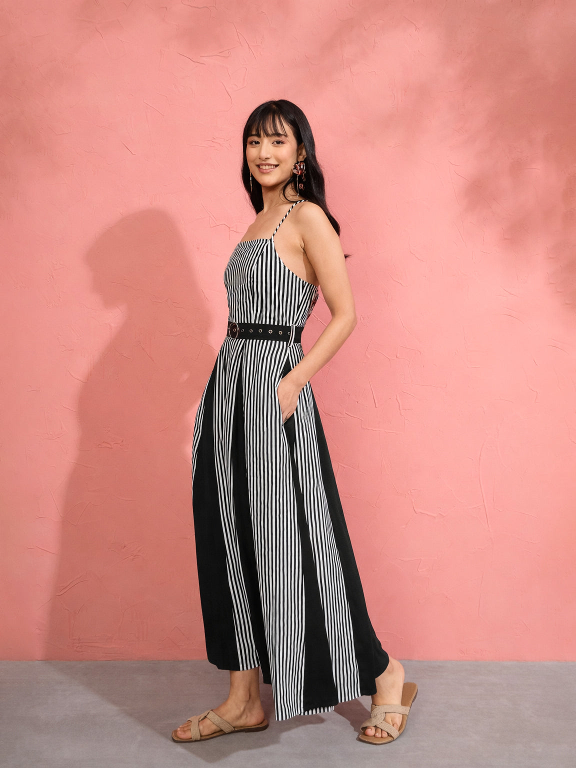 Black & White Stripe Strappy Flared Midi Dress-Pink Paprika by SASSAFRAS
