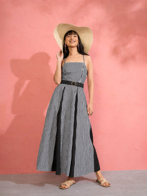 Women Black & White Stripe Strappy Flared Midi Dress