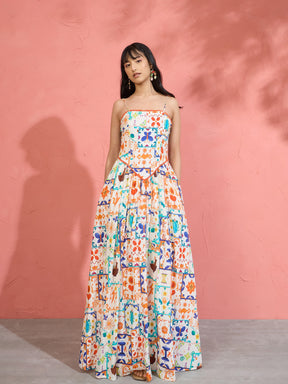 Off White Motif Print Strappy Drop-Waist Maxi Dress-Pink Paprika by SASSAFRAS