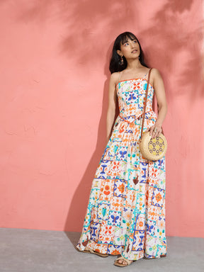 Off White Motif Print Strappy Drop-Waist Maxi Dress-Pink Paprika by SASSAFRAS