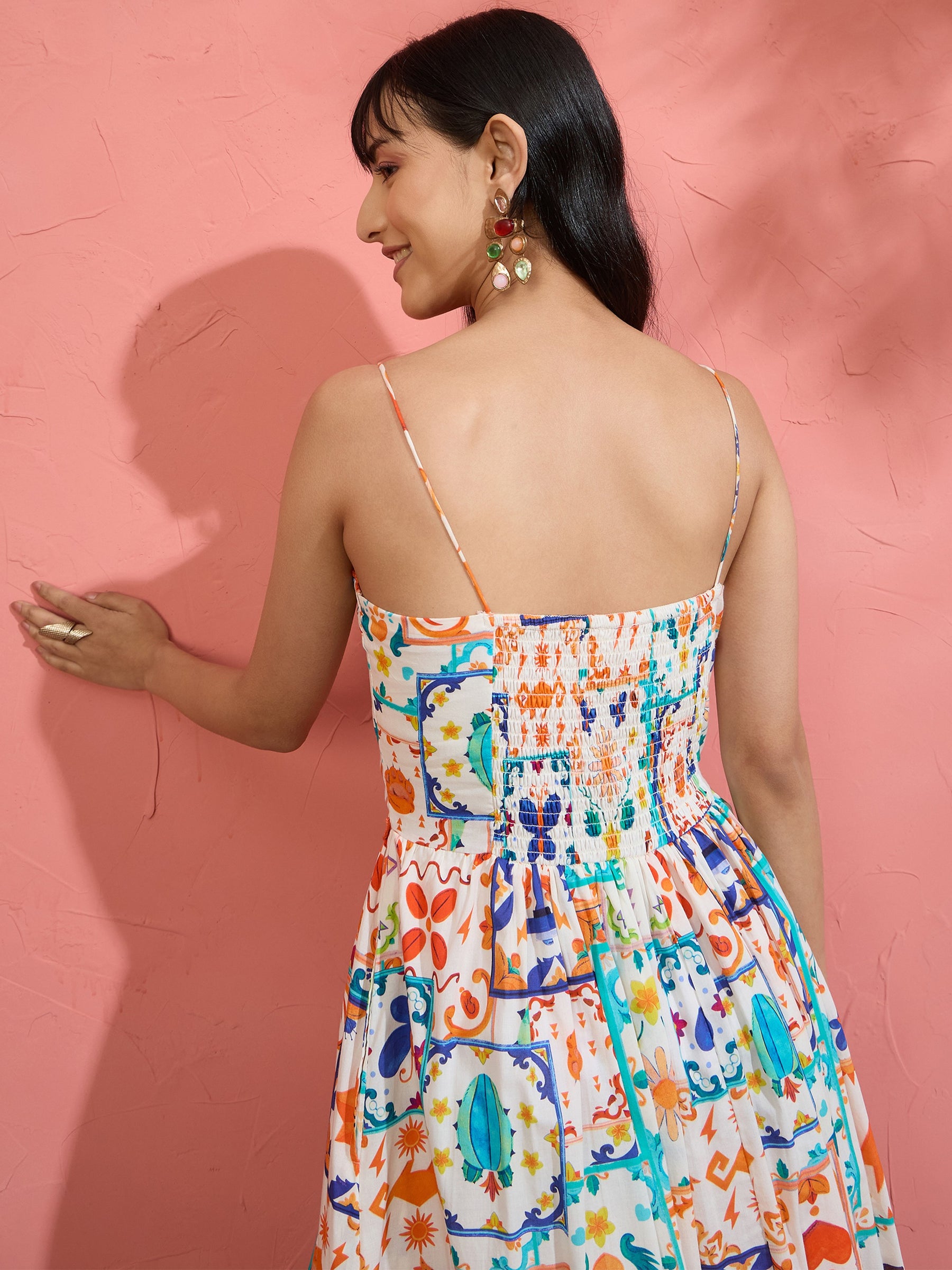 Off White Motif Print Strappy Drop-Waist Maxi Dress-Pink Paprika by SASSAFRAS