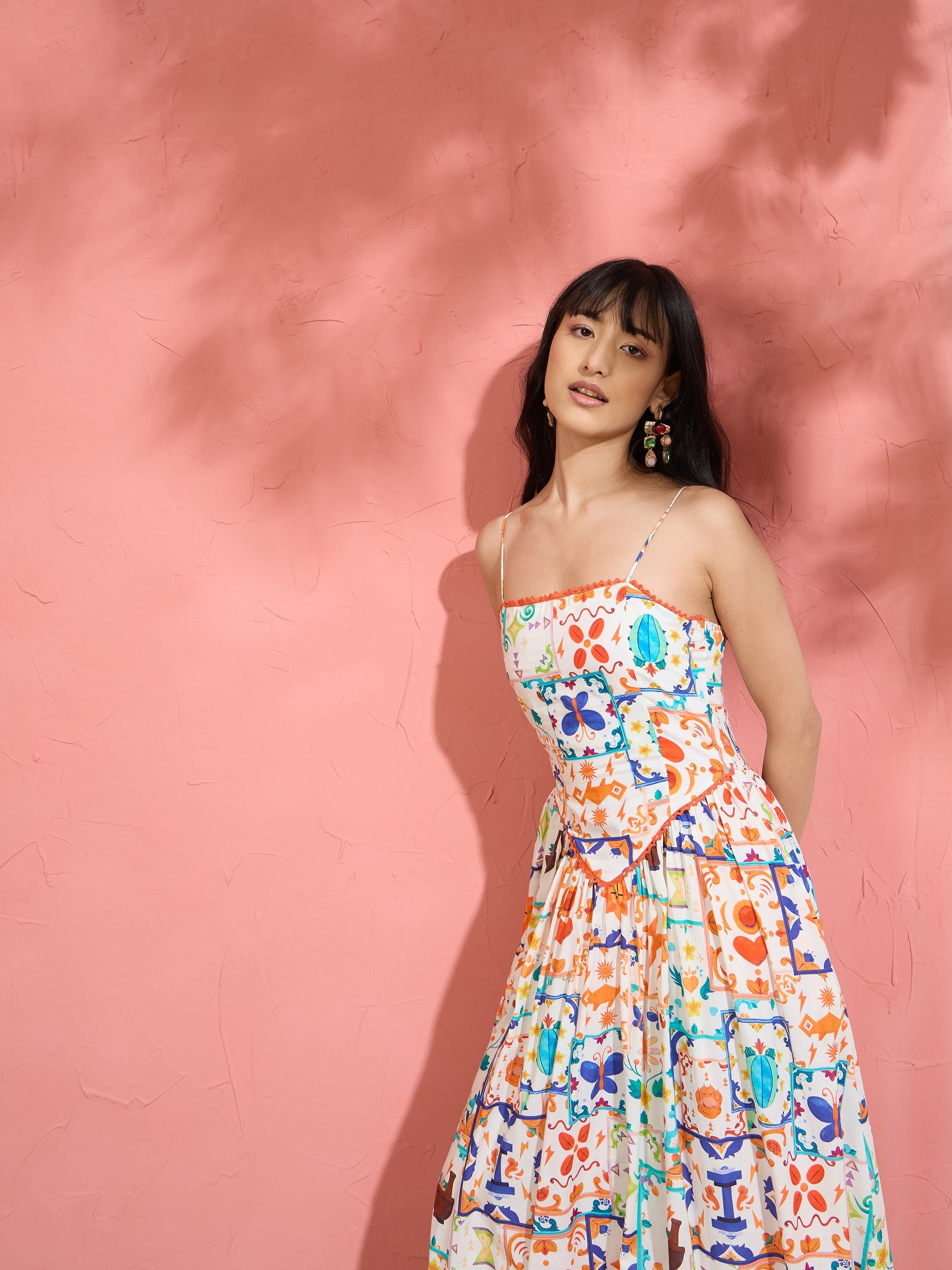 Off White Motif Print Strappy Drop-Waist Maxi Dress-Pink Paprika by SASSAFRAS