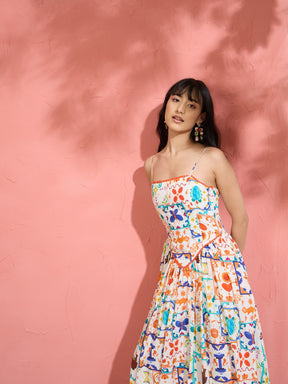 Off White Motif Print Strappy Drop-Waist Maxi Dress-Pink Paprika by SASSAFRAS