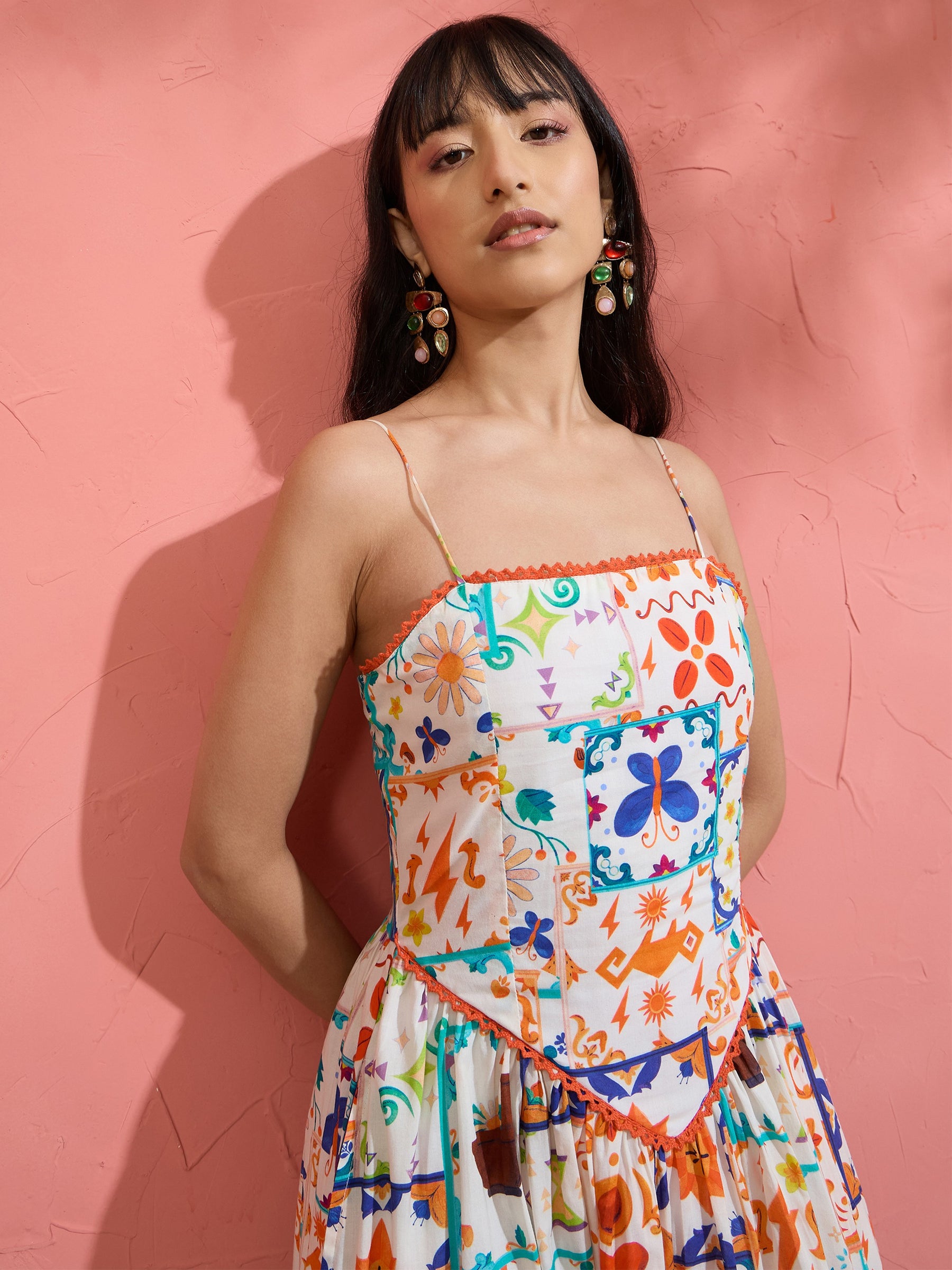 Women Off White Motif Print Strappy Drop-Waist Maxi Dress