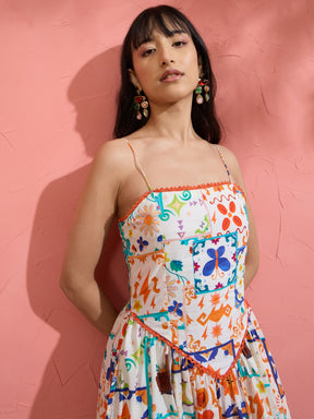 Women Off White Motif Print Strappy Drop-Waist Maxi Dress