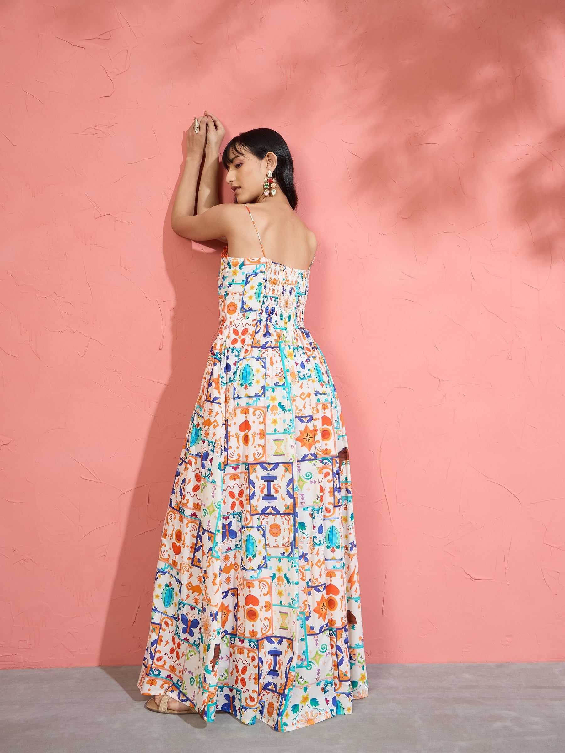 Women Off White Motif Print Strappy Drop-Waist Maxi Dress