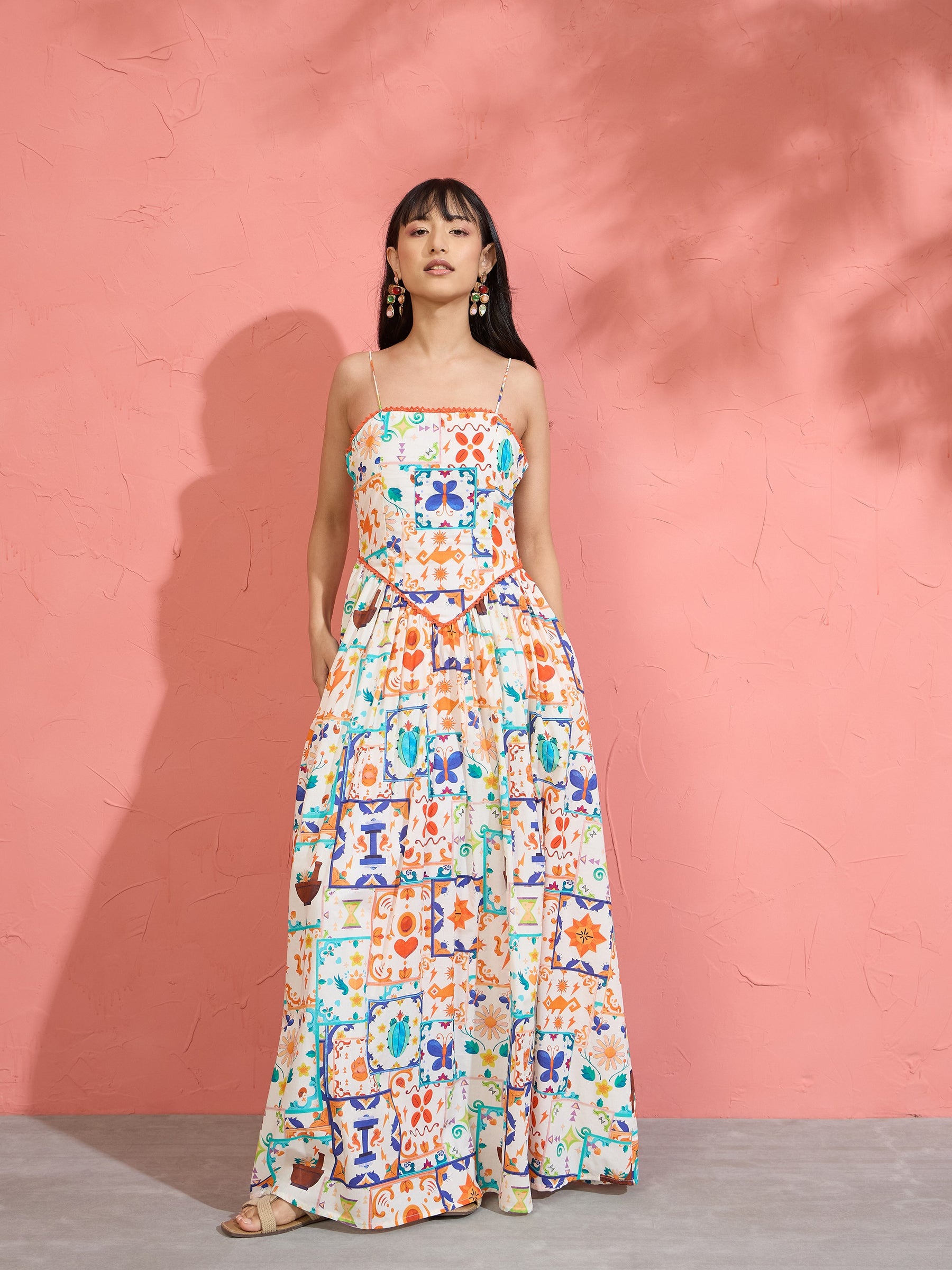 Women Off White Motif Print Strappy Drop-Waist Maxi Dress