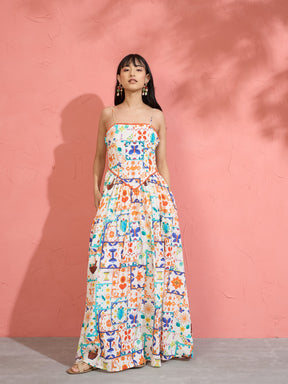 Women Off White Motif Print Strappy Drop-Waist Maxi Dress