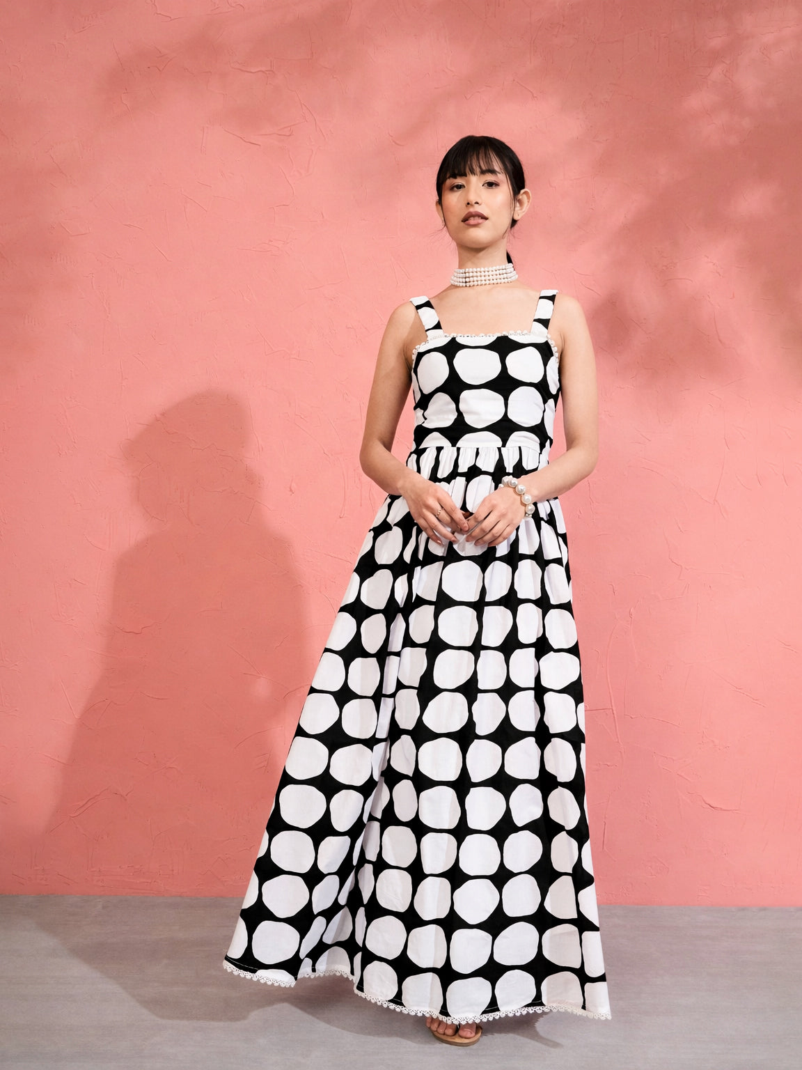 Black & White Big Polka Dot Strappy Maxi Dress-Pink Paprika by SASSAFRAS