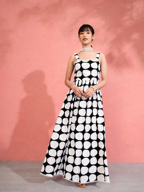 Black & White Big Polka Dot Strappy Maxi Dress-Pink Paprika by SASSAFRAS
