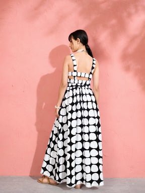 Black & White Big Polka Dot Strappy Maxi Dress-Pink Paprika by SASSAFRAS