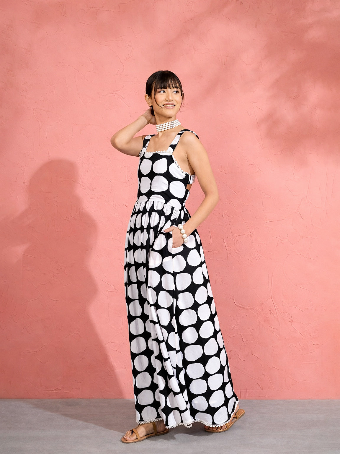 Black & White Big Polka Dot Strappy Maxi Dress-Pink Paprika by SASSAFRAS