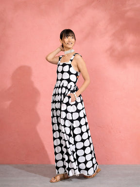 Black & White Big Polka Dot Strappy Maxi Dress-Pink Paprika by SASSAFRAS