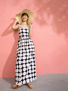 Black & White Big Polka Dot Strappy Maxi Dress-Pink Paprika by SASSAFRAS