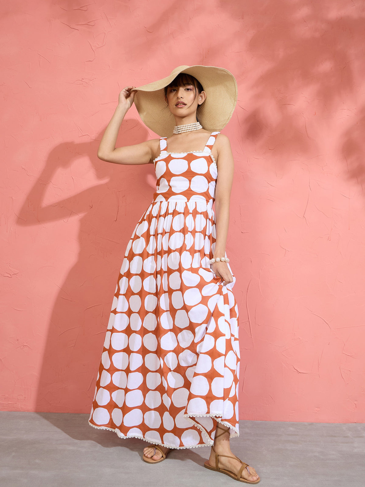 Brown & White Big Polka Dot Strappy Maxi Dress-Pink Paprika by SASSAFRAS