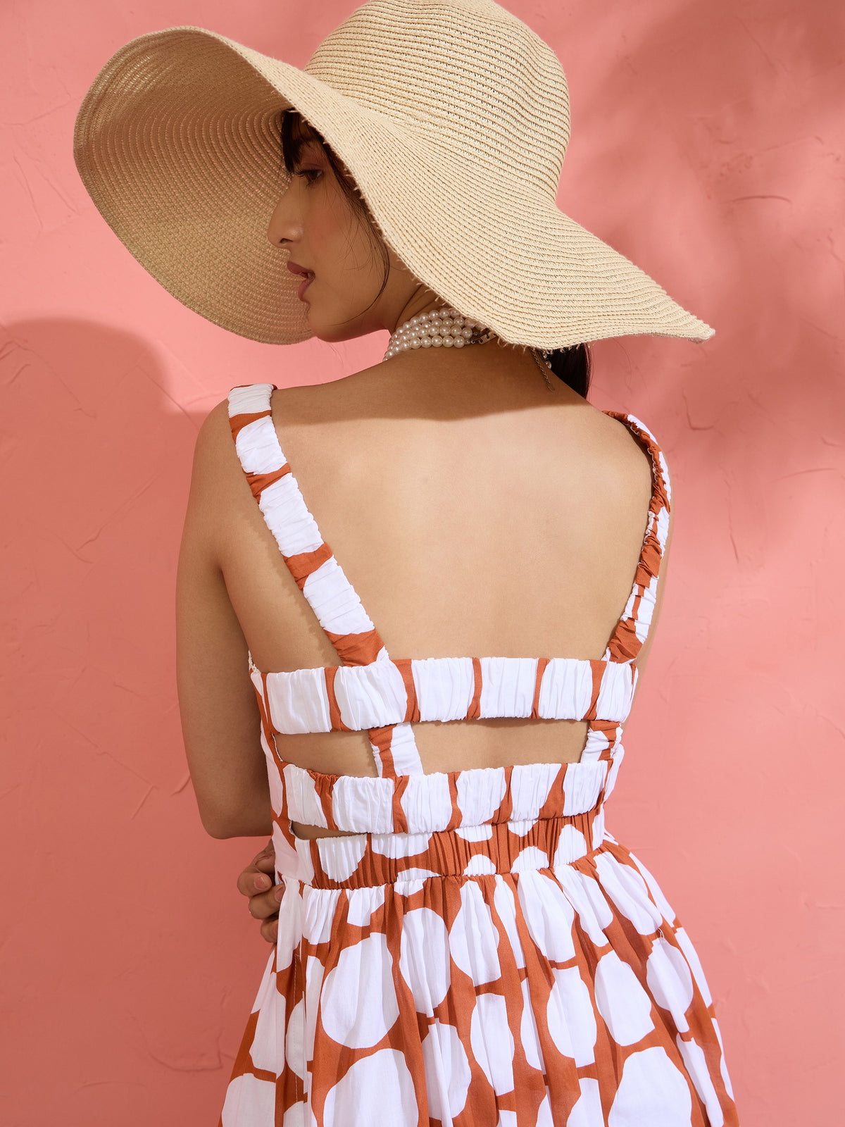 Brown & White Big Polka Dot Strappy Maxi Dress-Pink Paprika by SASSAFRAS