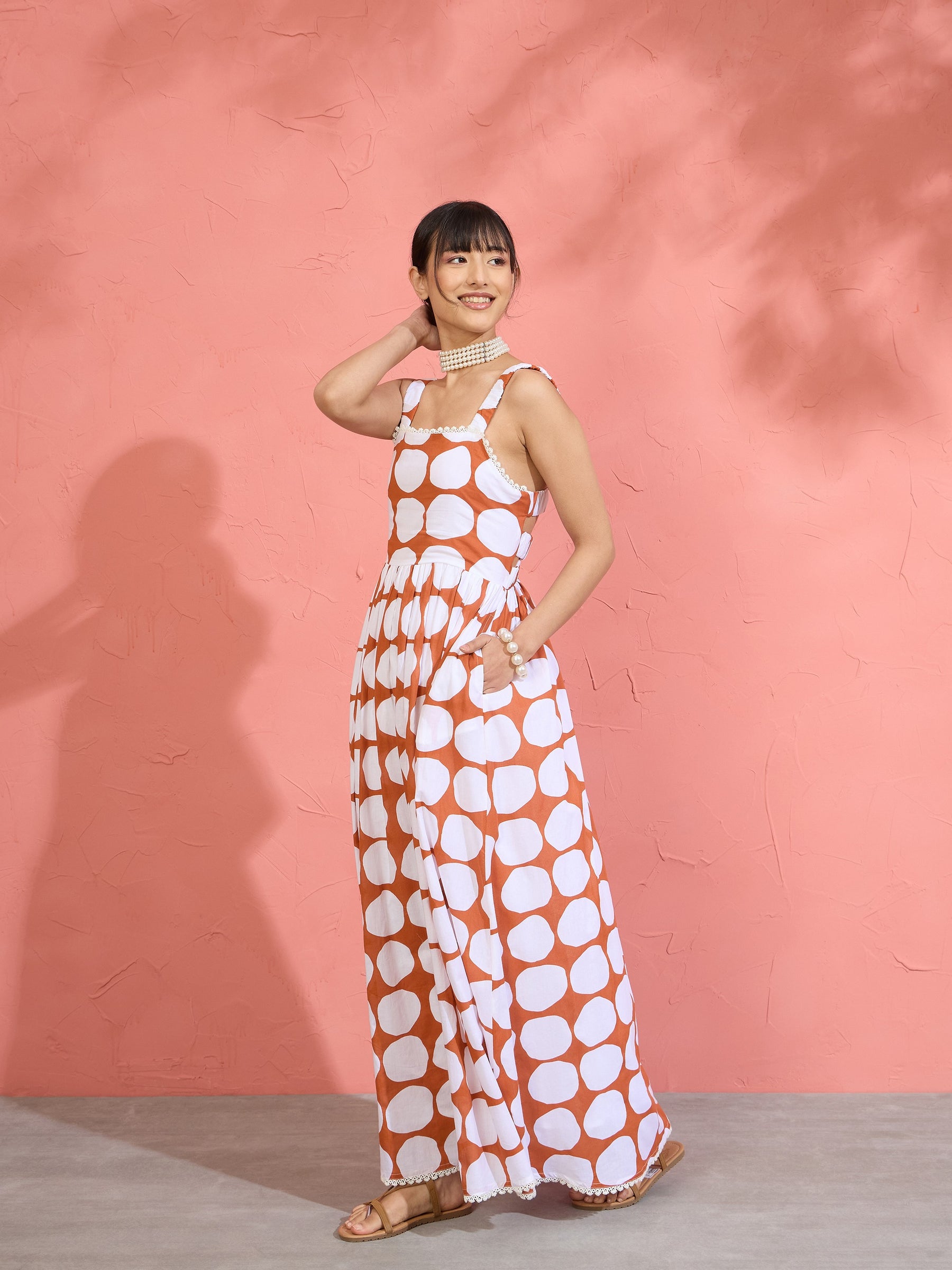 Brown & White Big Polka Dot Strappy Maxi Dress-Pink Paprika by SASSAFRAS