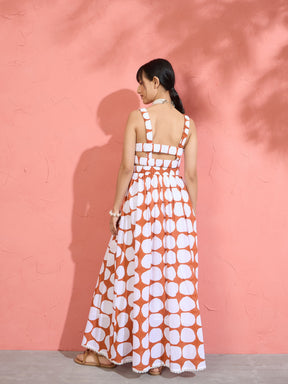 Brown & White Big Polka Dot Strappy Maxi Dress-Pink Paprika by SASSAFRAS
