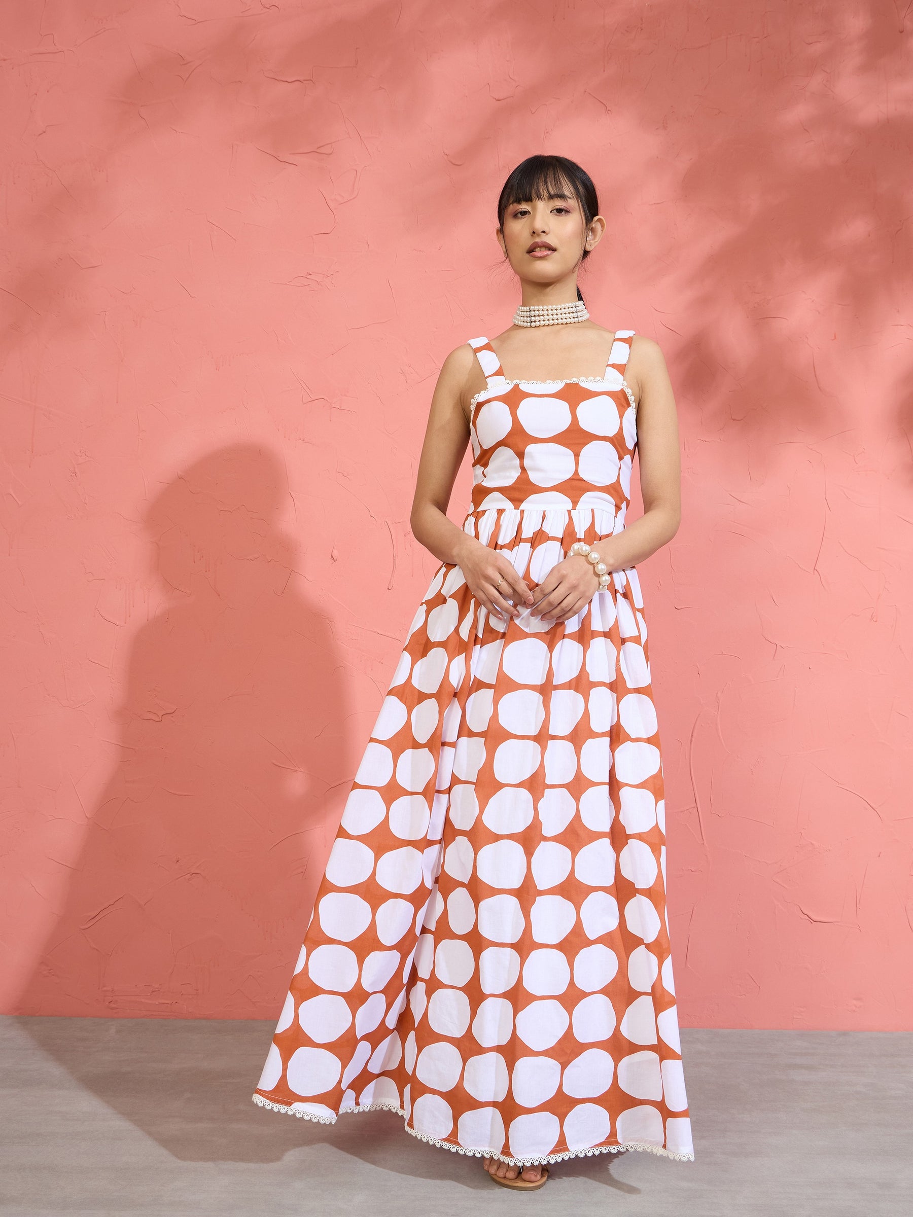 Women Brown & White Big Polka Dot Strappy Maxi Dress