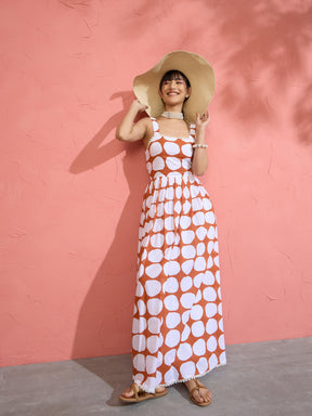 Women Brown & White Big Polka Dot Strappy Maxi Dress