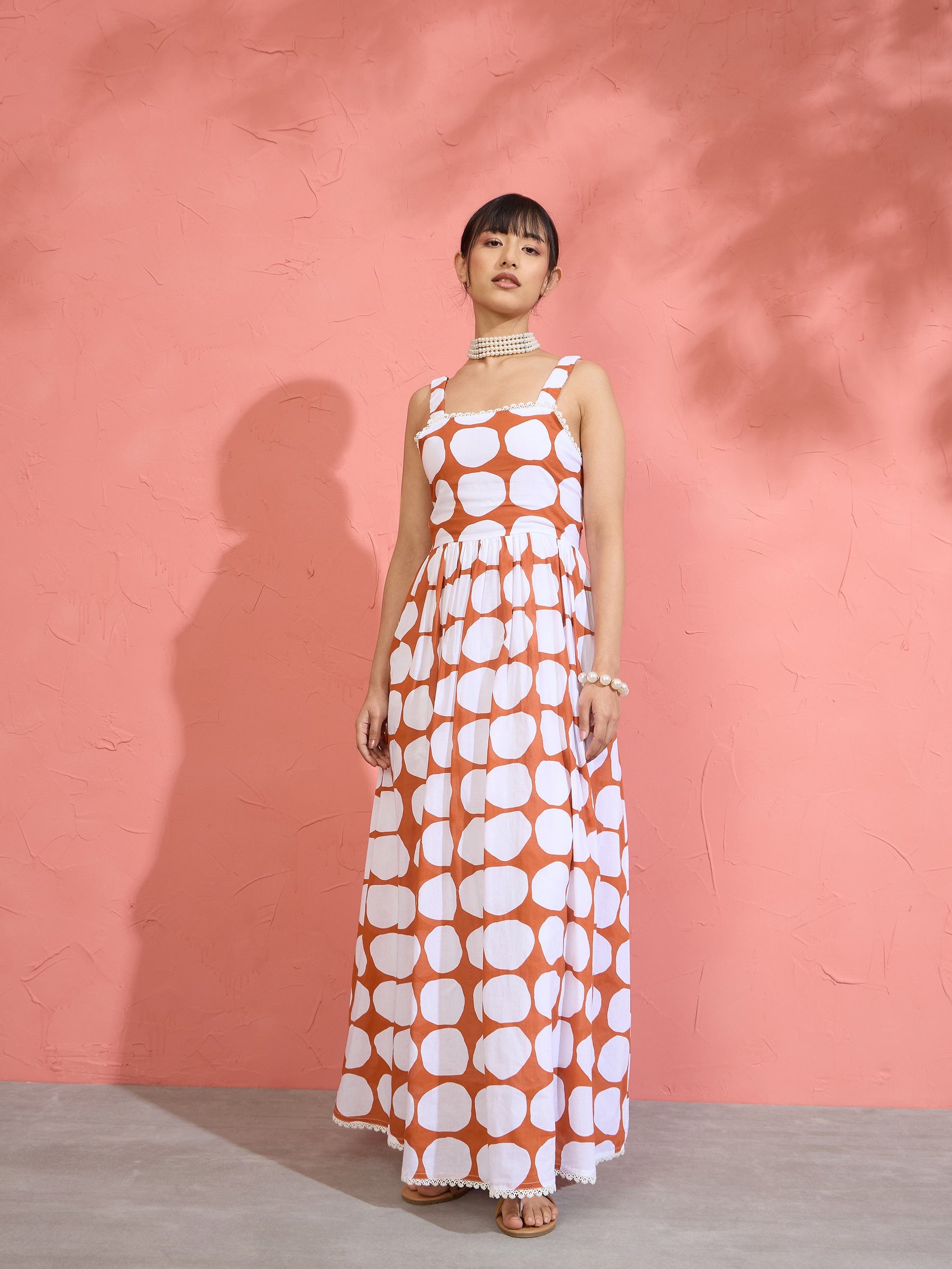 Women Brown & White Big Polka Dot Strappy Maxi Dress