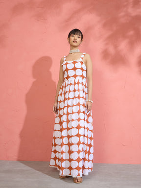 Women Brown & White Big Polka Dot Strappy Maxi Dress