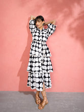 Black & White Polka Dot Frill Tiered Button Down Midi Dress-Pink Paprika by SASSAFRAS