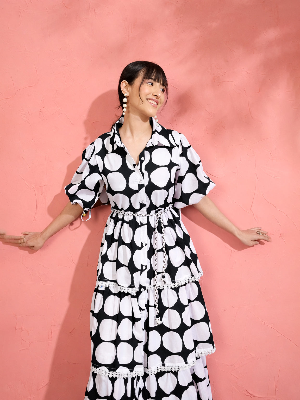 Black & White Polka Dot Frill Tiered Button Down Midi Dress-Pink Paprika by SASSAFRAS