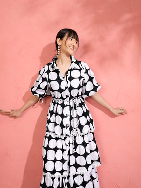 Black & White Polka Dot Frill Tiered Button Down Midi Dress-Pink Paprika by SASSAFRAS